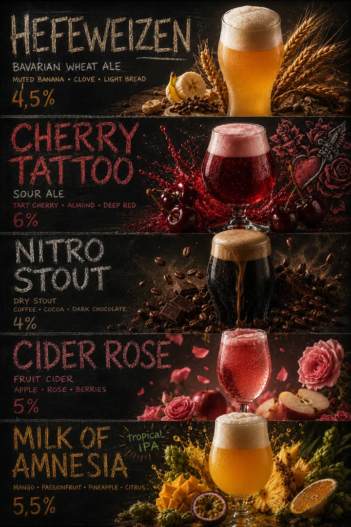 Краны бара Критик: Hefeweizen, Cherry Tattoo, Nitro Stout, Cider Rose, Milk of Amnesia