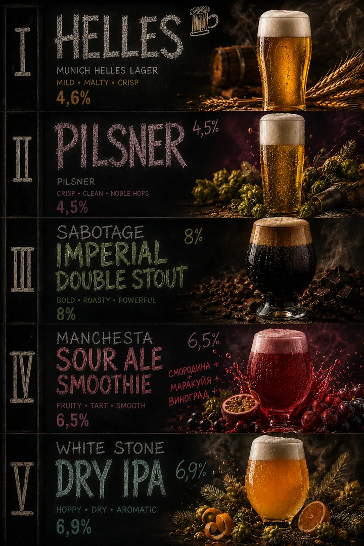 Краны бара Критик: Helles, Pilsner, Imperial Double Stout, Sour Ale Smoothie, Dry IPA